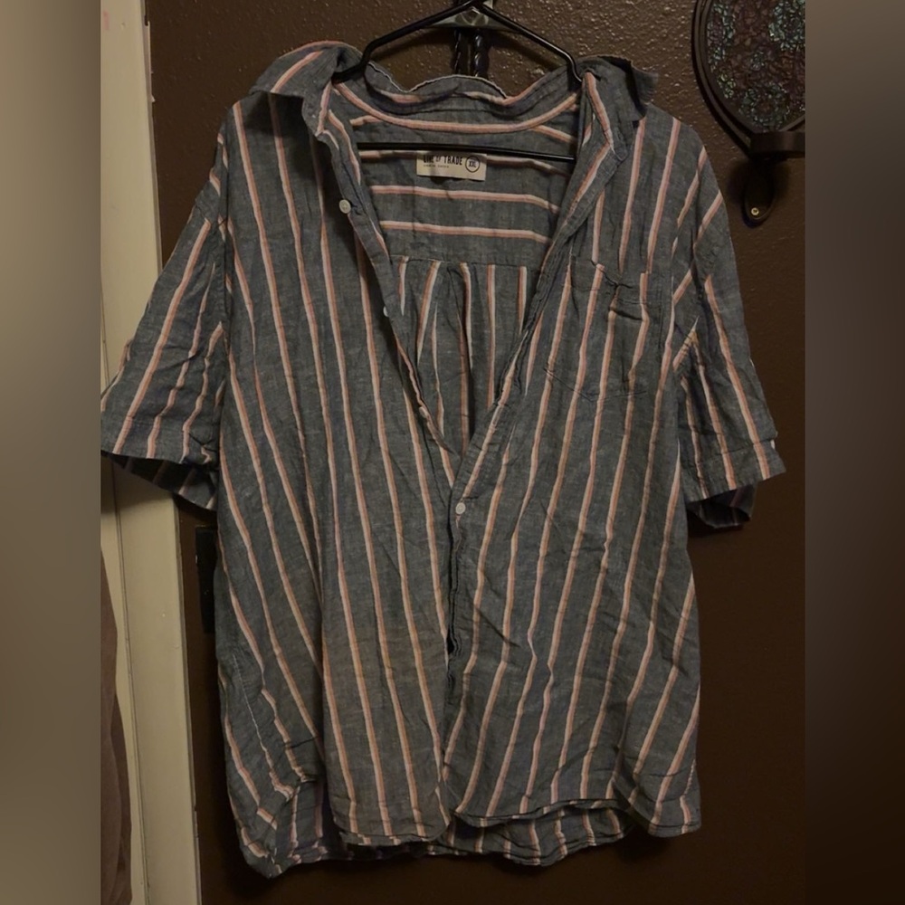 Men’s Casual Striped Short-Sleeve Button-Up Shirt - Blue & orange